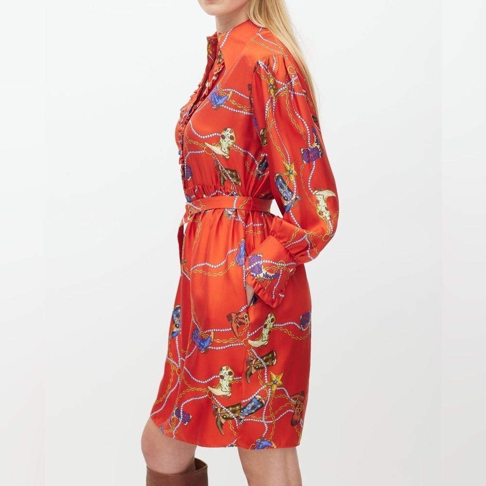 Sandro red silk cowboy boot western style long sleeve dress - Picture 16 of 16